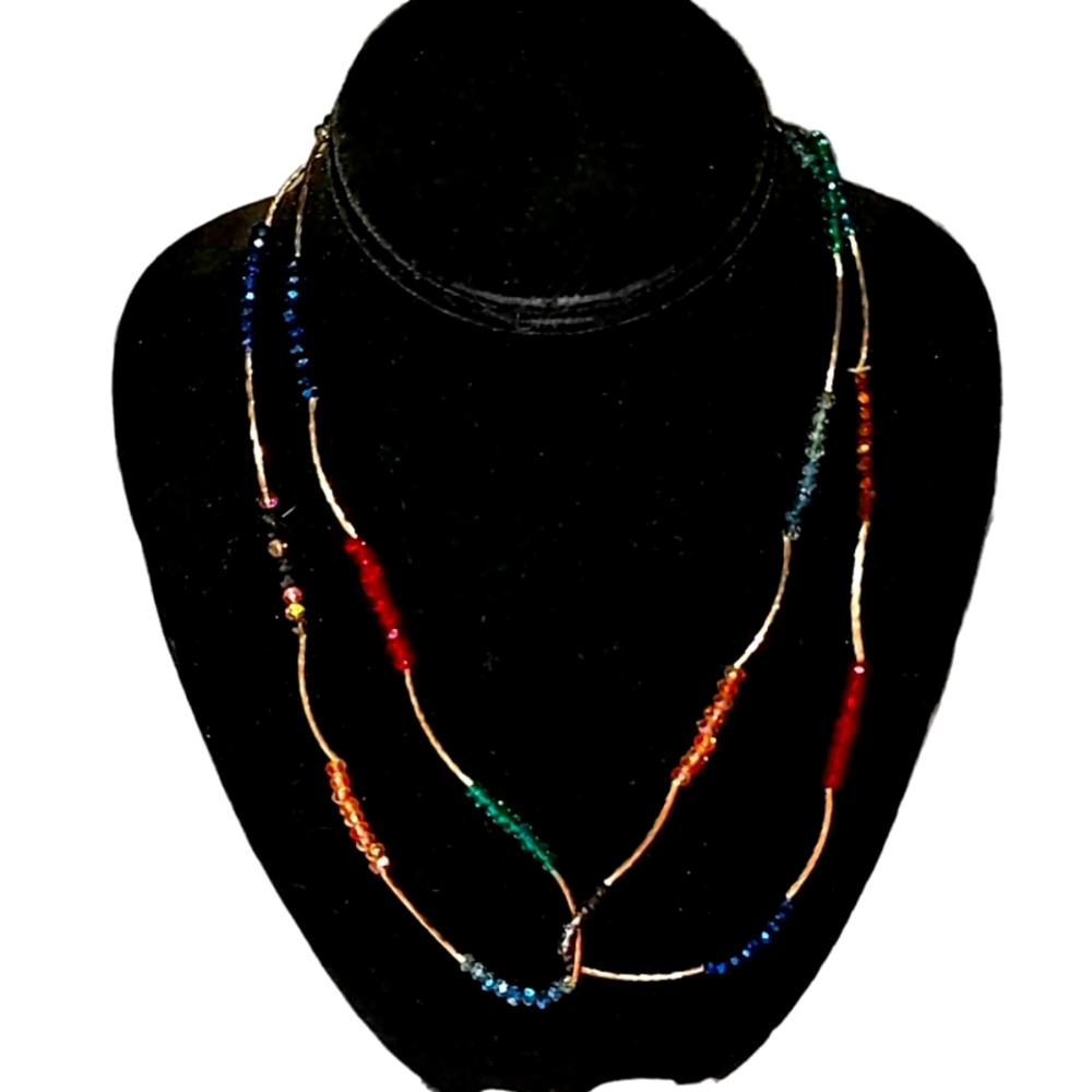 Blue Amber Red Sparkling Beads & Long Twisted Golden Rods Necklace 42"
